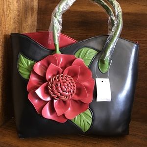 New/Tags/Black Leather Bag/Lime Green/Red Accents